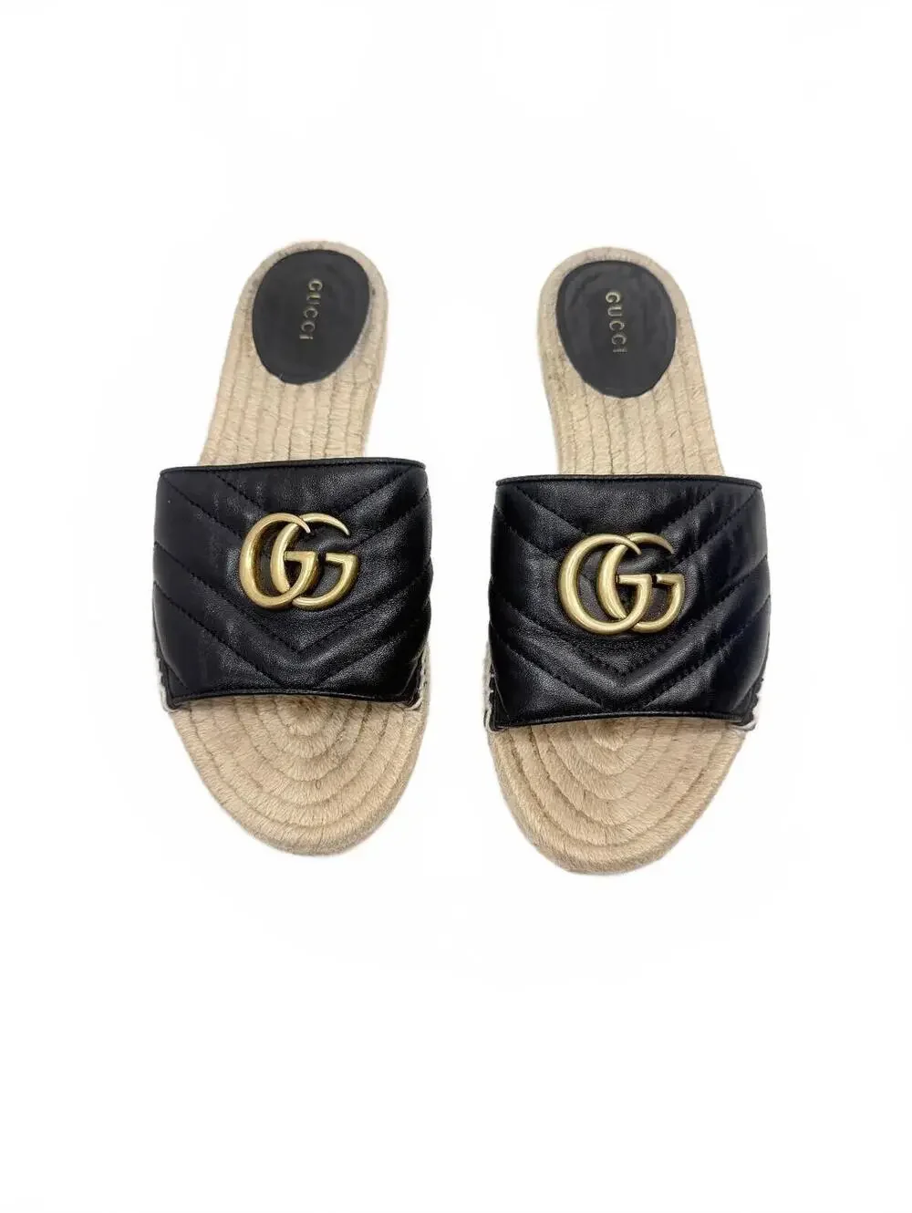 Gucci Marmont Matelasse Leather Espadrille Slide Sandal Black Sz 37.5 US 7.5